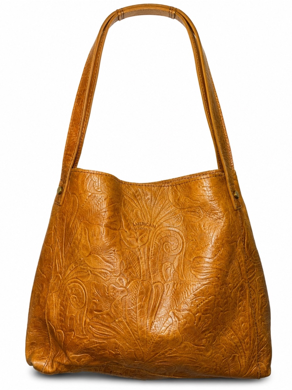 American Leather Co. Embossed Floral Leather Hobo Shoulder Bag Cognac Boho